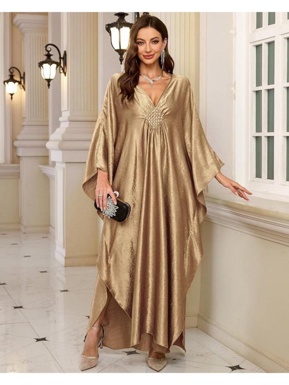 Women's Plus Size champagne Kaftan Maxi Dress V Neck Batwing Swimsuit Cover Up - Picture 2 of 6